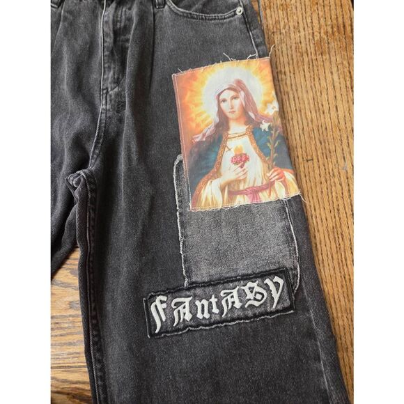 Ksubi black fantasy virgin Mary patch jeans sz 26 - Picture 3 of 5